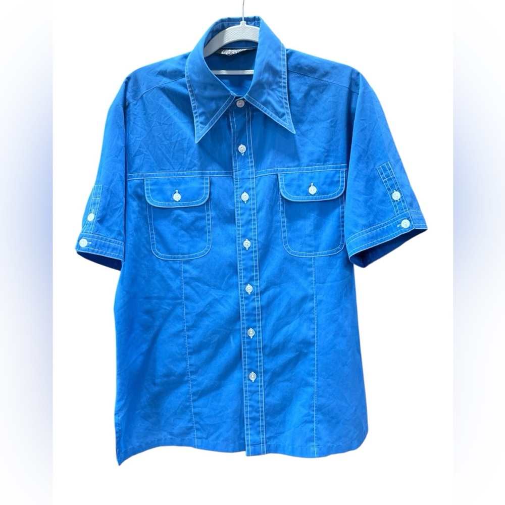 Chemise et Cie 70’s royal blue short sleeve vintage button down shirt-S/M